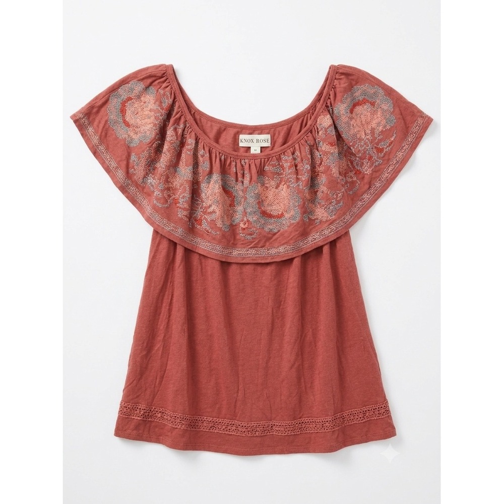 Boho Peasant Top M Rust Rayon Floral Embroidered Ruffle Off Shoulder Festival